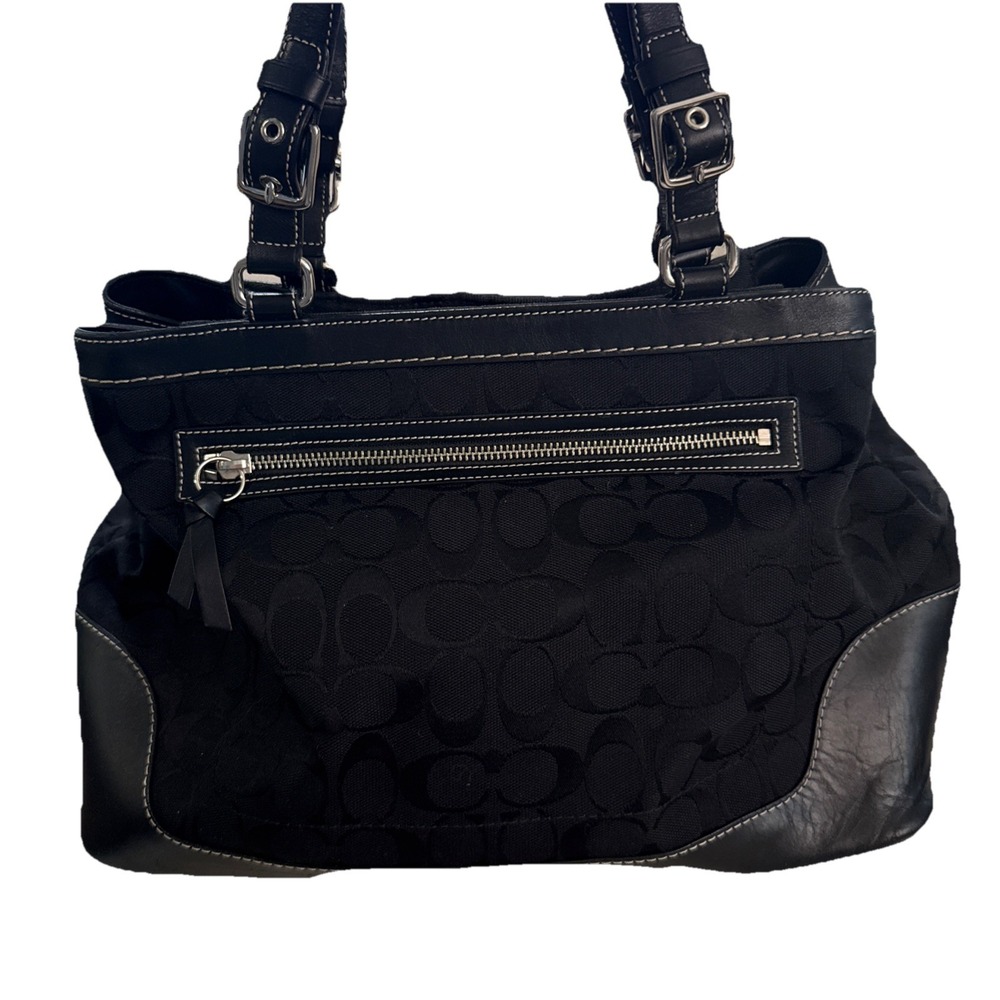 Coach Handbag Black Signature Logo Inside Zip Pocket E04M-7052 Leather Canvas - Picture 3 of 10